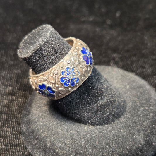 Blue Enamel Design Sterling Ring Sz 5