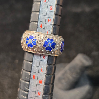 Blue Enamel Design Sterling Ring Sz 5