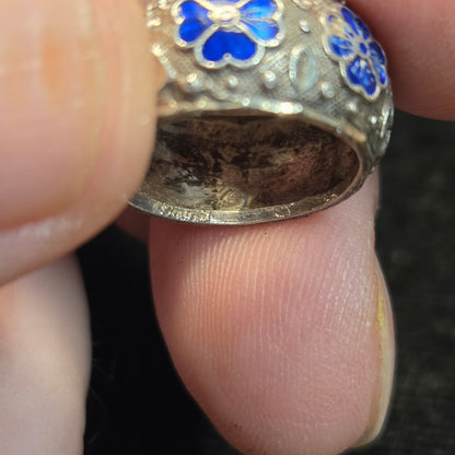 Blue Enamel Design Sterling Ring Sz 5