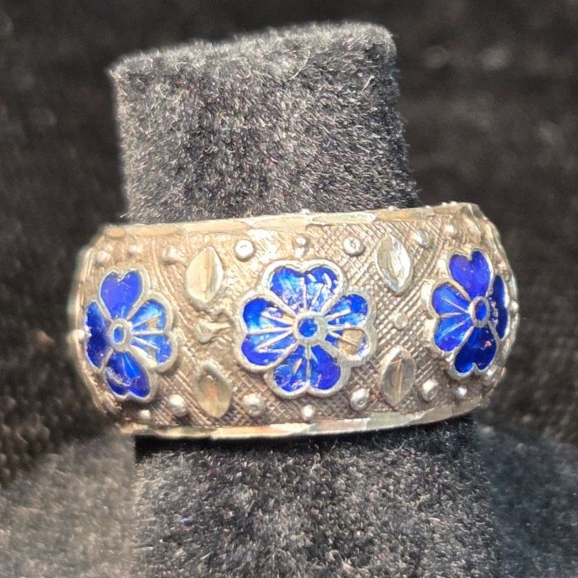 Blue Enamel Design Sterling Ring Sz 5