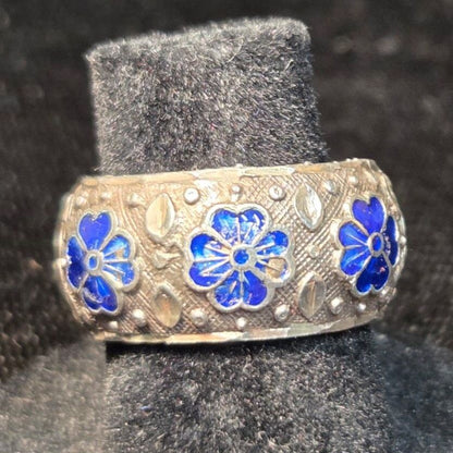 Blue Enamel Design Sterling Ring Sz 5
