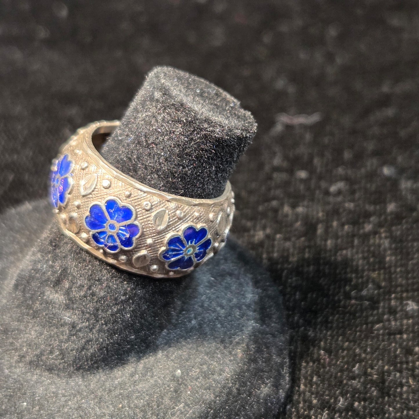 Blue Enamel Design Sterling Ring Sz 5
