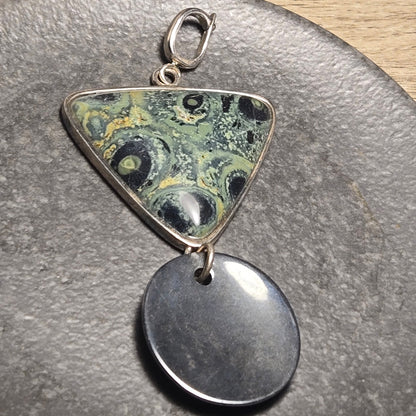 Large Green and Hematite Sterling Silver 925 Pendant