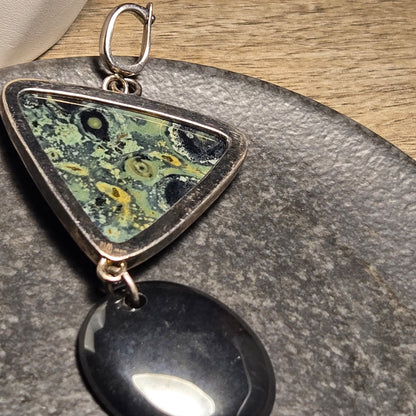 Large Green and Hematite Sterling Silver 925 Pendant